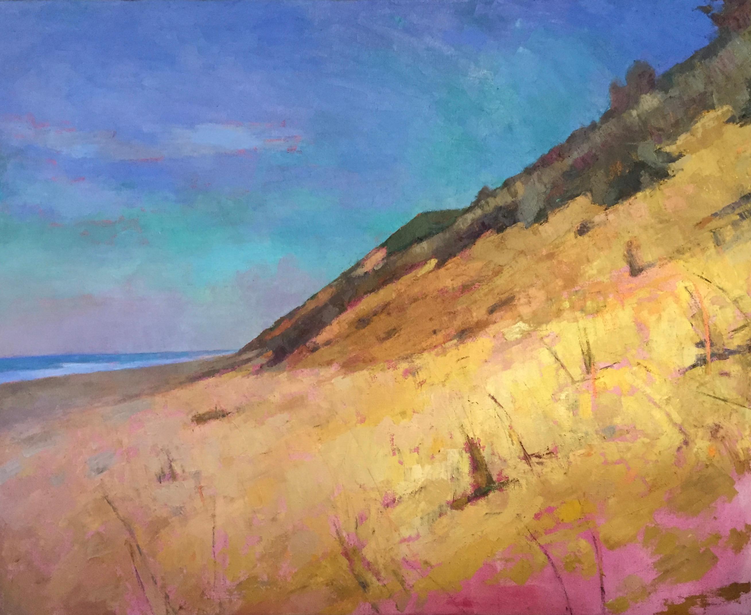 Landscape Painting di Larry Horowitz - "Outer Cape" Paesaggio ad olio raffigurante una costa gialla e verde.