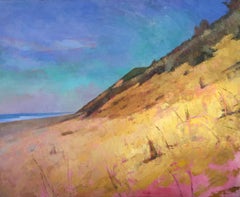 "Outer Cape" Oil landscape portrait of a yellow and green shoreline. 