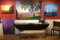 "Passing Schooners" oil painting of sailboats with teal water and sky