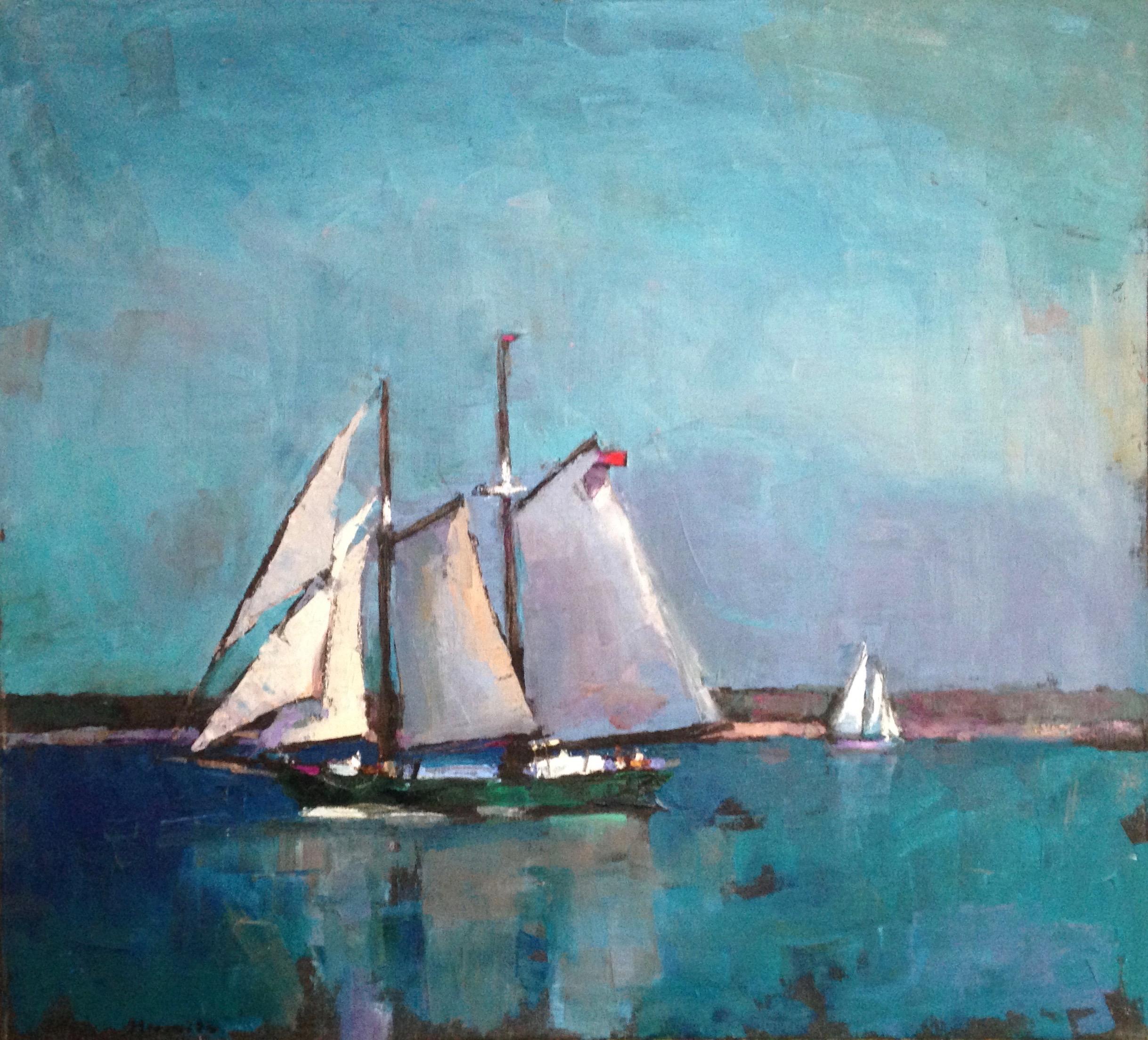 Larry Horowitz Landscape Painting - "Passing Schooners" oil painting of sailboats with teal water and sky
