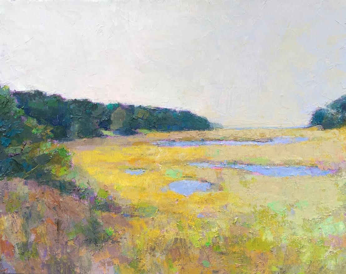"Pastel Marsh" Painterly Landscape in Bright Yellows, Dark Greens and Blues