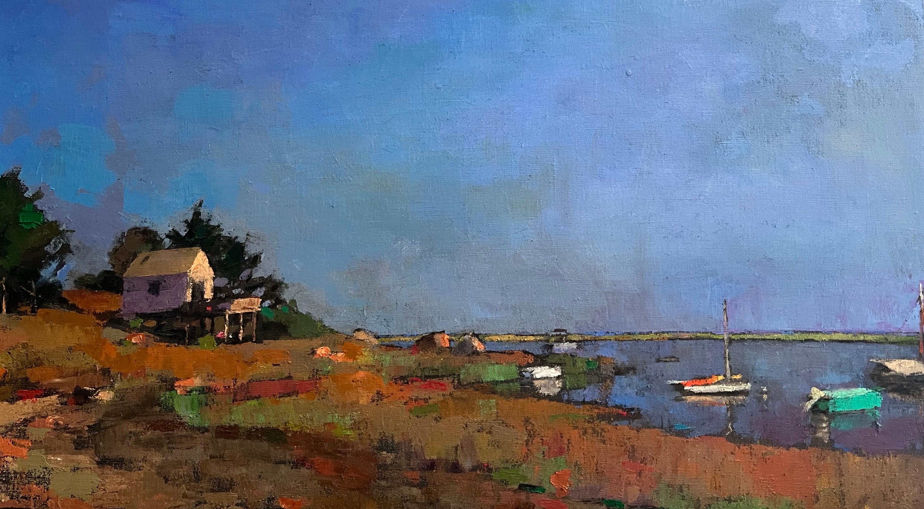 Landscape Painting di Larry Horowitz - "Meditazione pacifica" La rimessa per barche si trova di fronte al litorale e al cielo indaco.