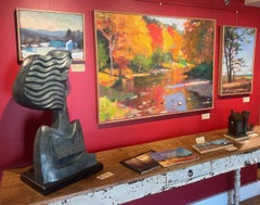 "Pines by the Sea" vertical oil painting of trees with teal ocean behind