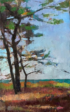 "Pines by the Sea" vertical oil painting of trees with teal ocean behind