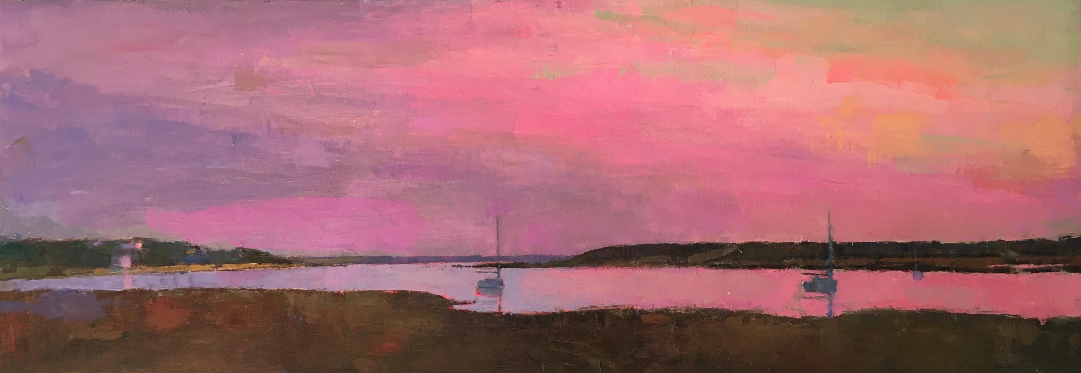 Larry Horowitz Landscape Painting – ""Pink Dusk"" Panorama-Ölgemälde eines rosa Himmels, der sich auf einem Hafen spiegelt