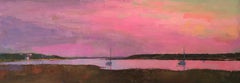 "Pink Dusk" panoramic oil painting of a pink sky reflecting on a harbor
