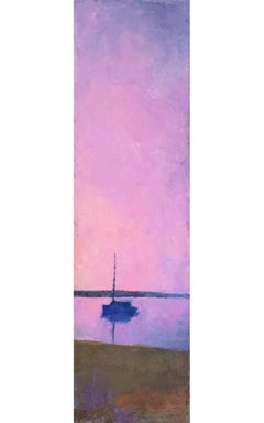 "Pink Sailboat" vertical oil painting of pink sky over a boat at sunset