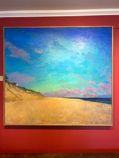 "Plein Air Morning", dipinto a olio di una spiaggia con un cielo blu intenso