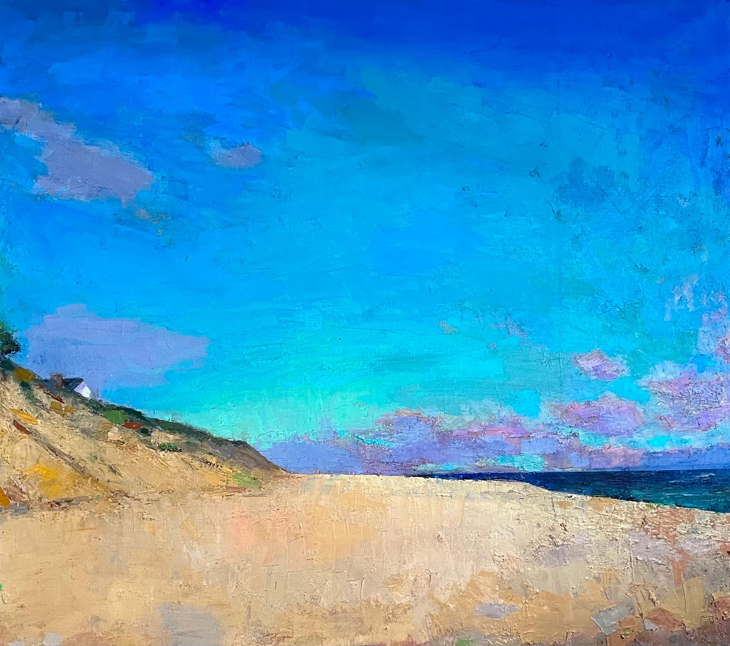 Larry Horowitz Landscape Painting - "Plein Air Morning" oil painting of the beach with vivid blue skies 