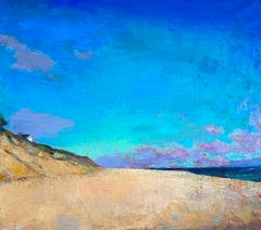 "Plein Air Morning" oil painting of the beach with vivid blue skies 