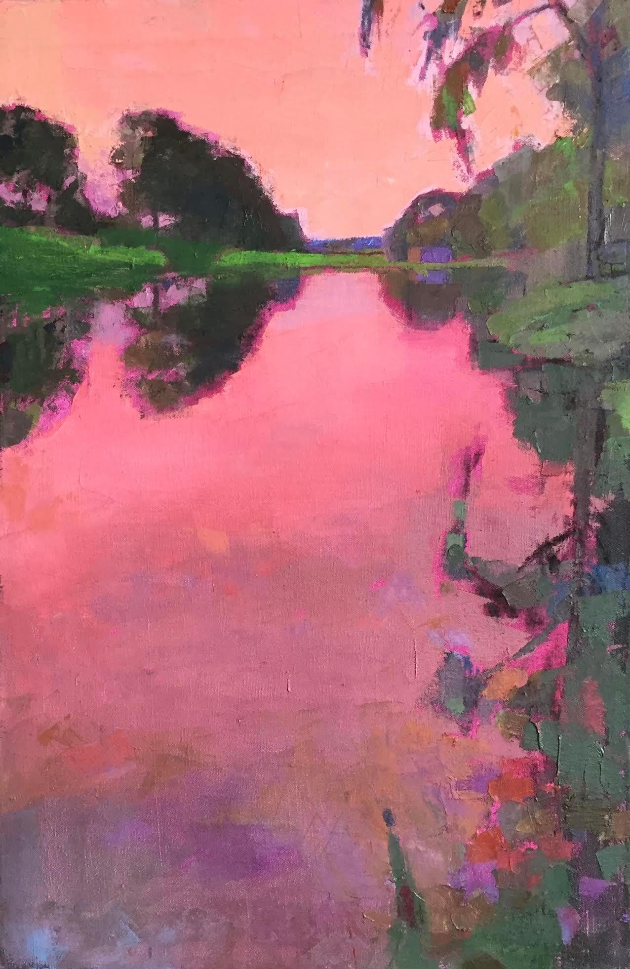 "Radiant Pink Sunset" oil painting of a vibrant pink sunset reflecting on water