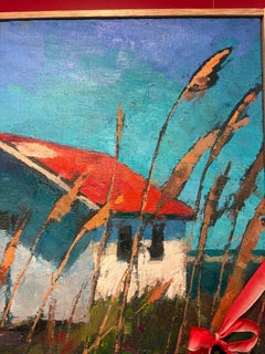 "Red Roof Oyster Barn", tall grass sways in front of a cottage by the sea