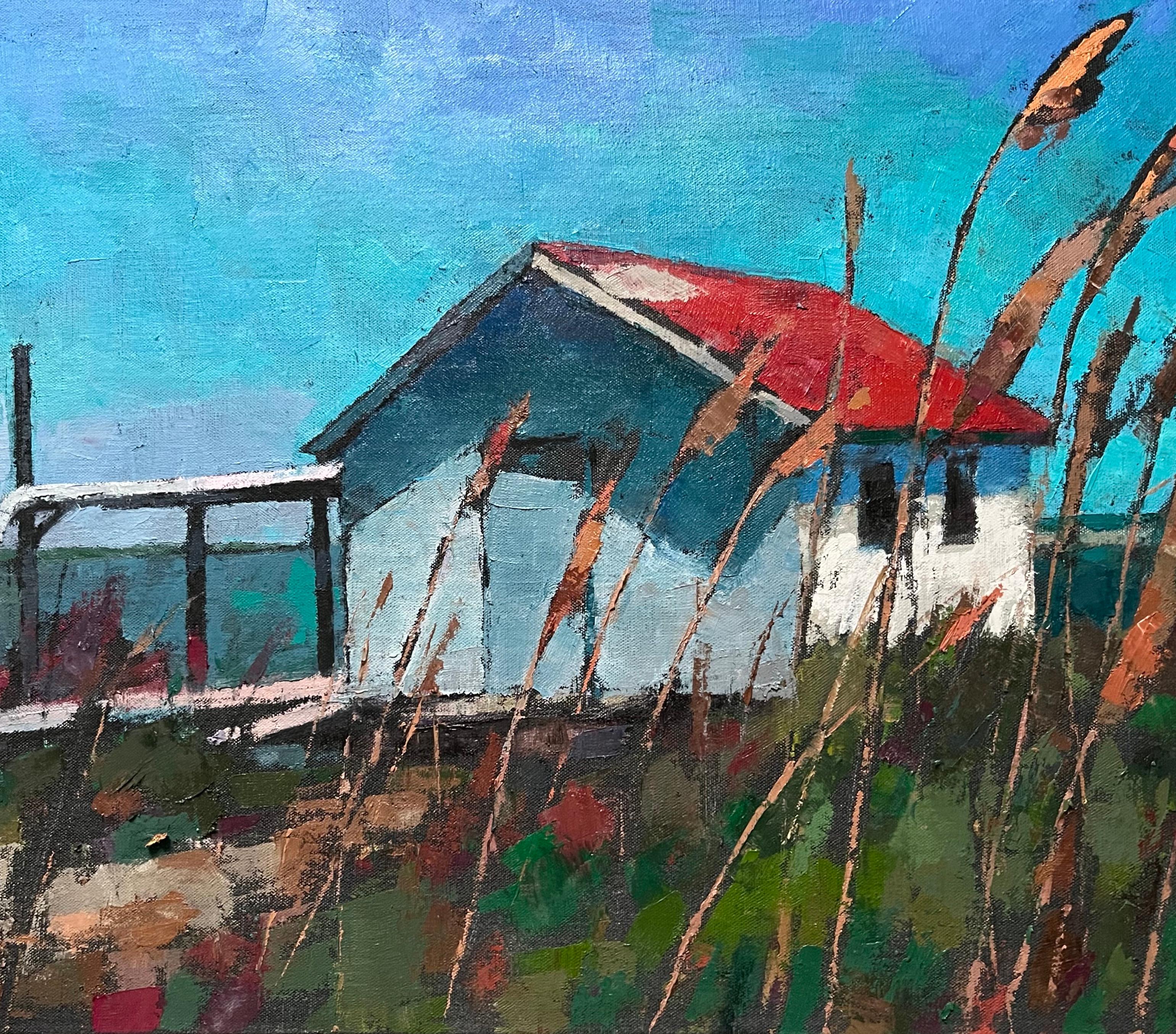 "Red Roof Oyster Shack", hohes Gras empfängt den Betrachter in der Hütte am Meer