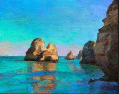 “Rocks at Lagos, Portugal”, scenic oil on canvas with cliffs over a vast horizon