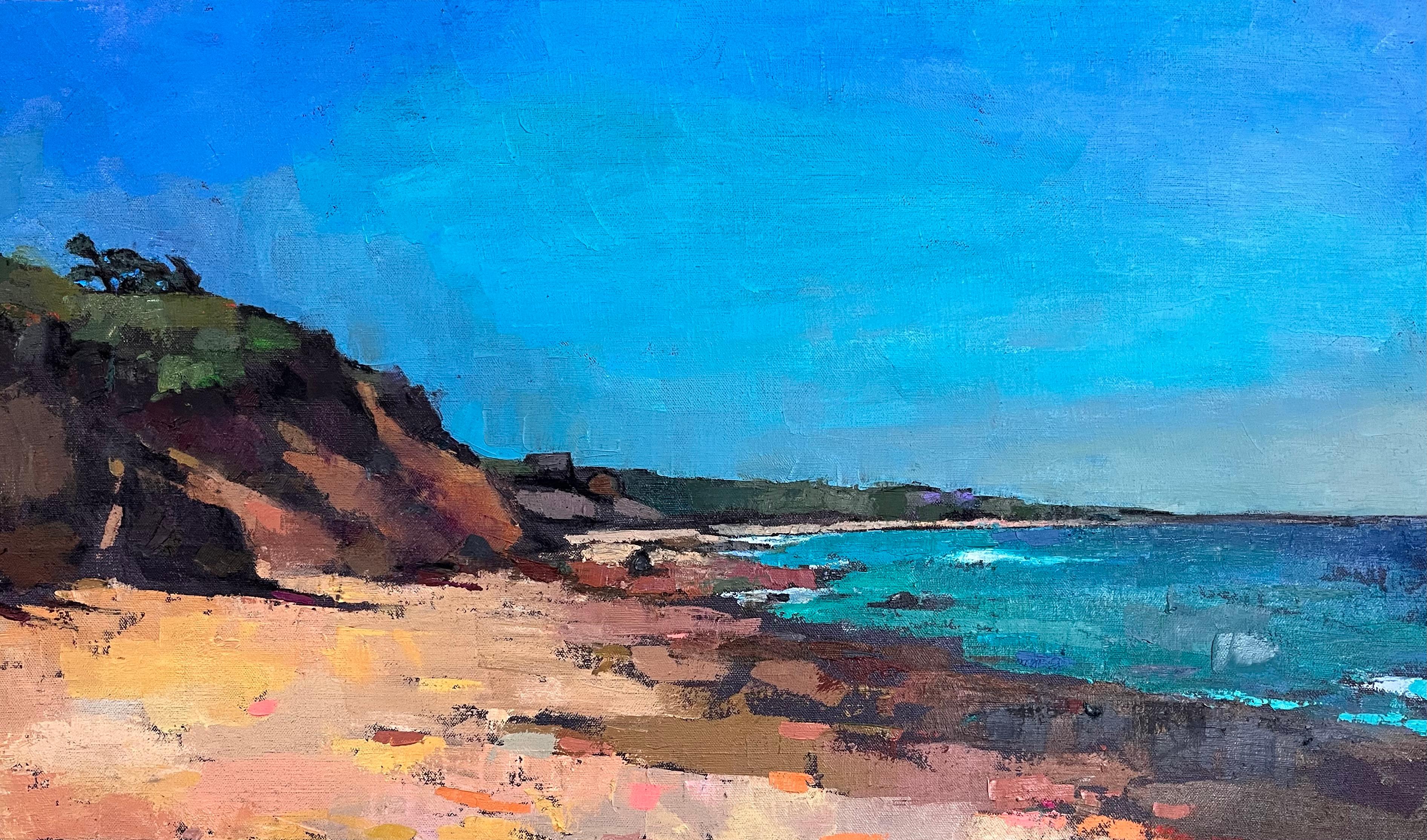 "Rocky Beach" Massachusetts coastline, sand dunes, beach, stones, seascape, blue