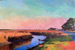 "Rumbly Marsh" long yellow grass and blue water under a pink and blue sky