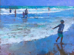 "Running Along the Waves" Blue and green painting of children playing on shore.