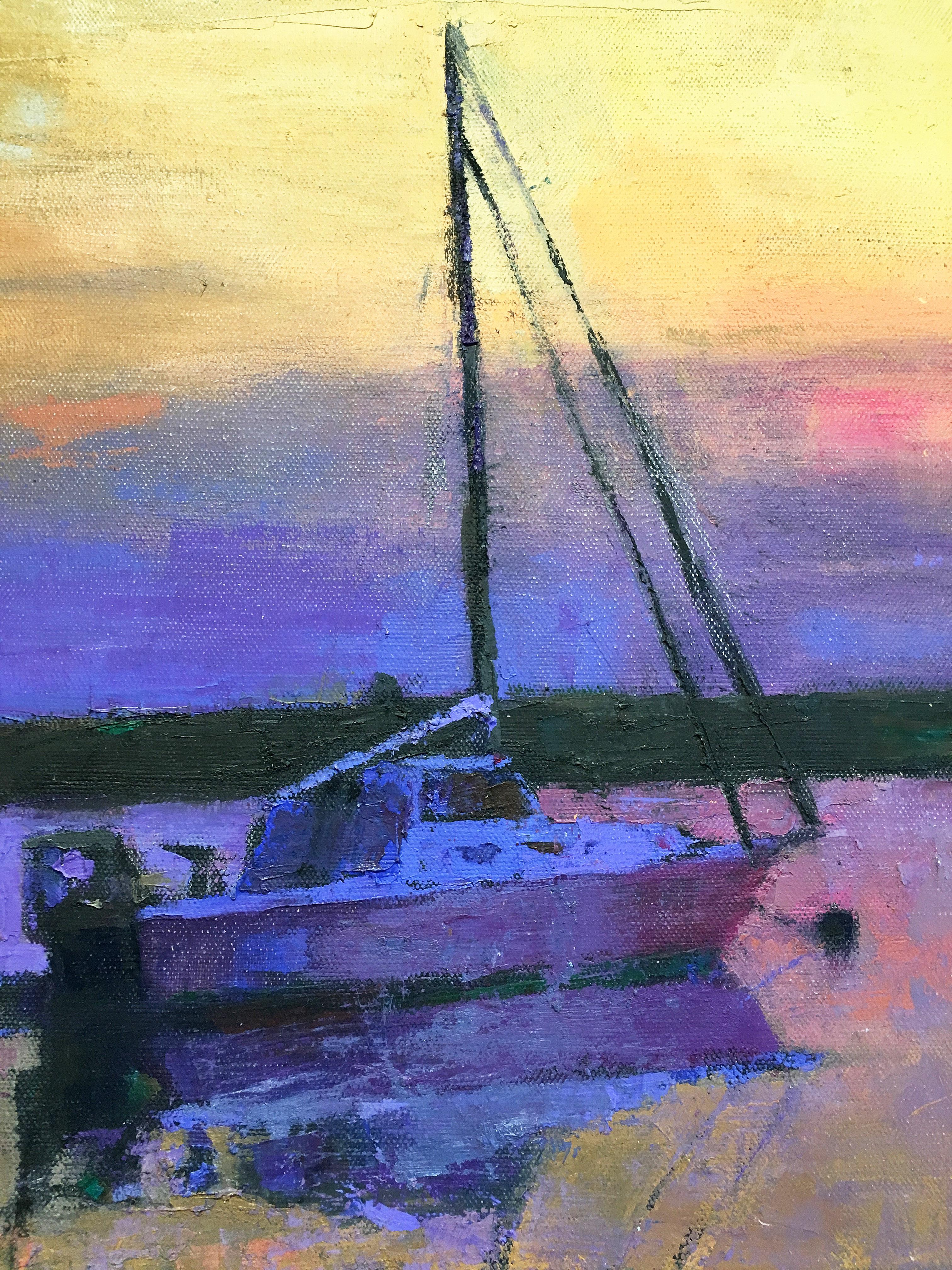 Coastal painting, Larry Horowitz, Sailboat With Sunset Sky 1