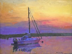 Coastal painting, Larry Horowitz, Sailboat With Sunset Sky