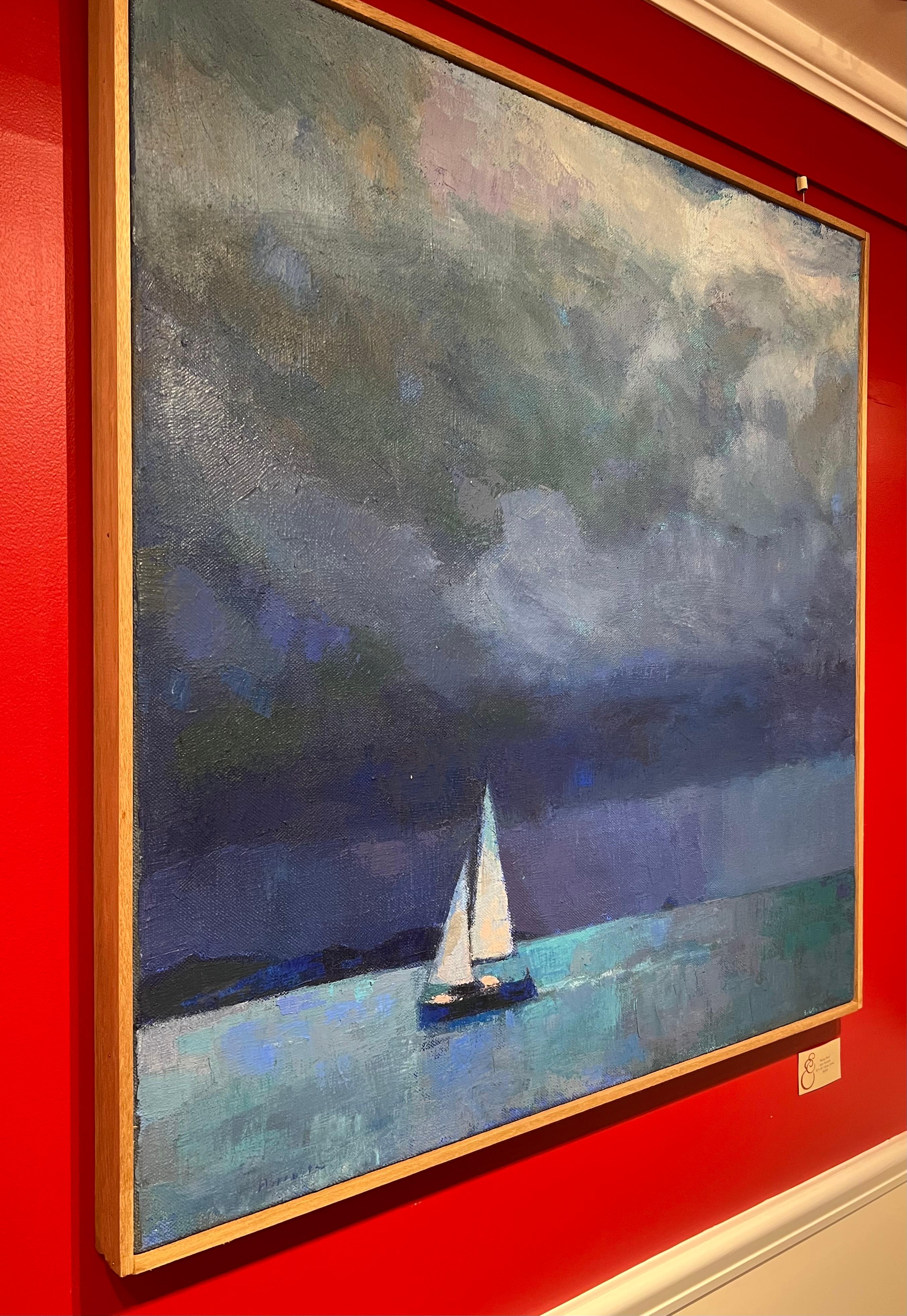 „Sailing Blues“ Ölgemälde eines Segelbootes auf dem Wasser in Blautönen – Painting von Larry Horowitz