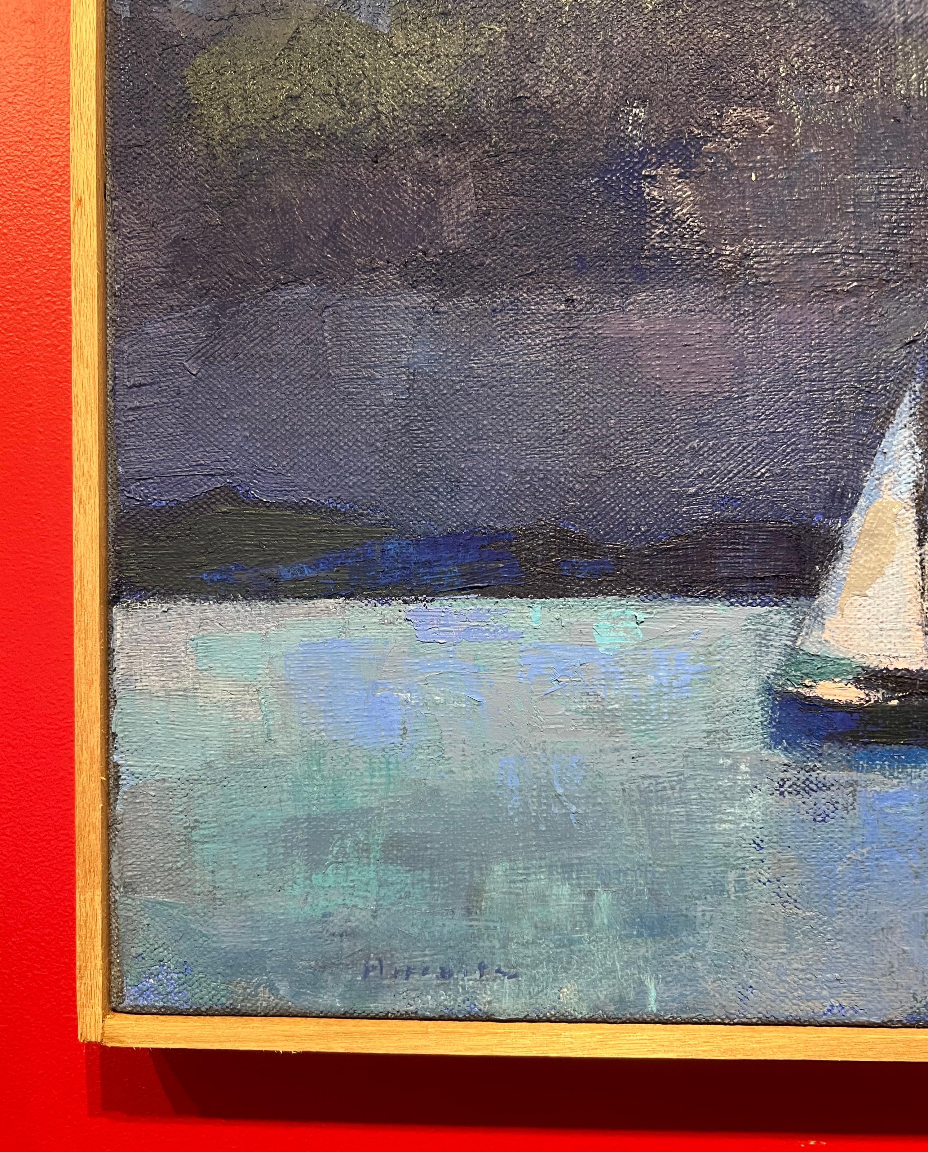 Peinture à l'huile « Sailing Blues » représentant un voilier sur l'eau dans des nuances de bleu - Bleu Landscape Painting par Larry Horowitz