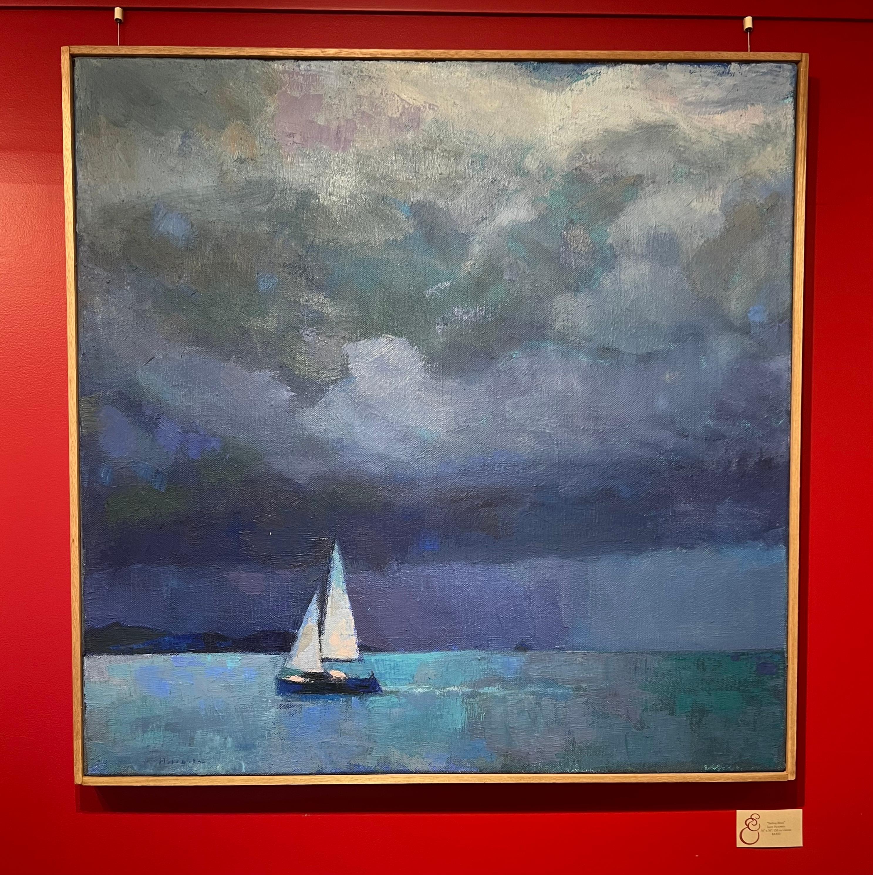 Peinture à l'huile « Sailing Blues » représentant un voilier sur l'eau dans des nuances de bleu en vente 1