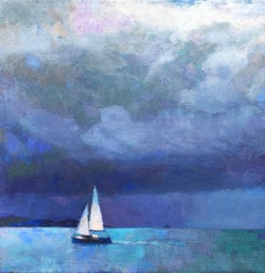 Peinture à l'huile « Sailing Blues » représentant un voilier sur l'eau dans des nuances de bleu