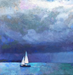 "Sailing Blues" dipinto a olio di una barca a vela sull'acqua con sfumature di blu