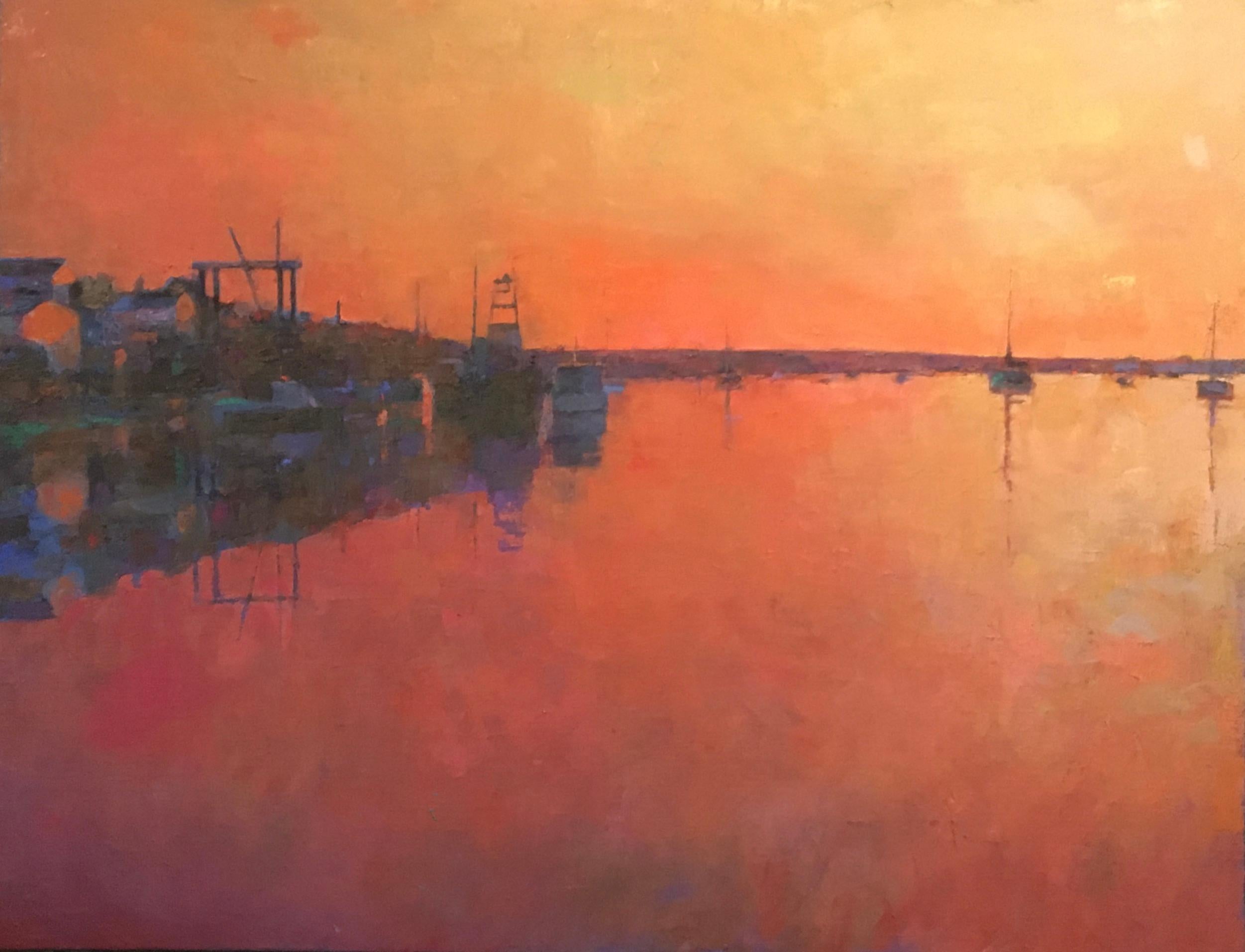 Larry Horowitz Landscape Painting - "Sailing Home, Edgartown" oil painting of backlit harbor with orange sunset