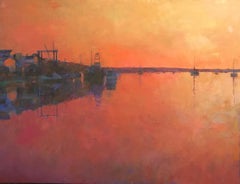 "Sailing Home, Edgartown" oil painting of backlit harbor with orange sunset
