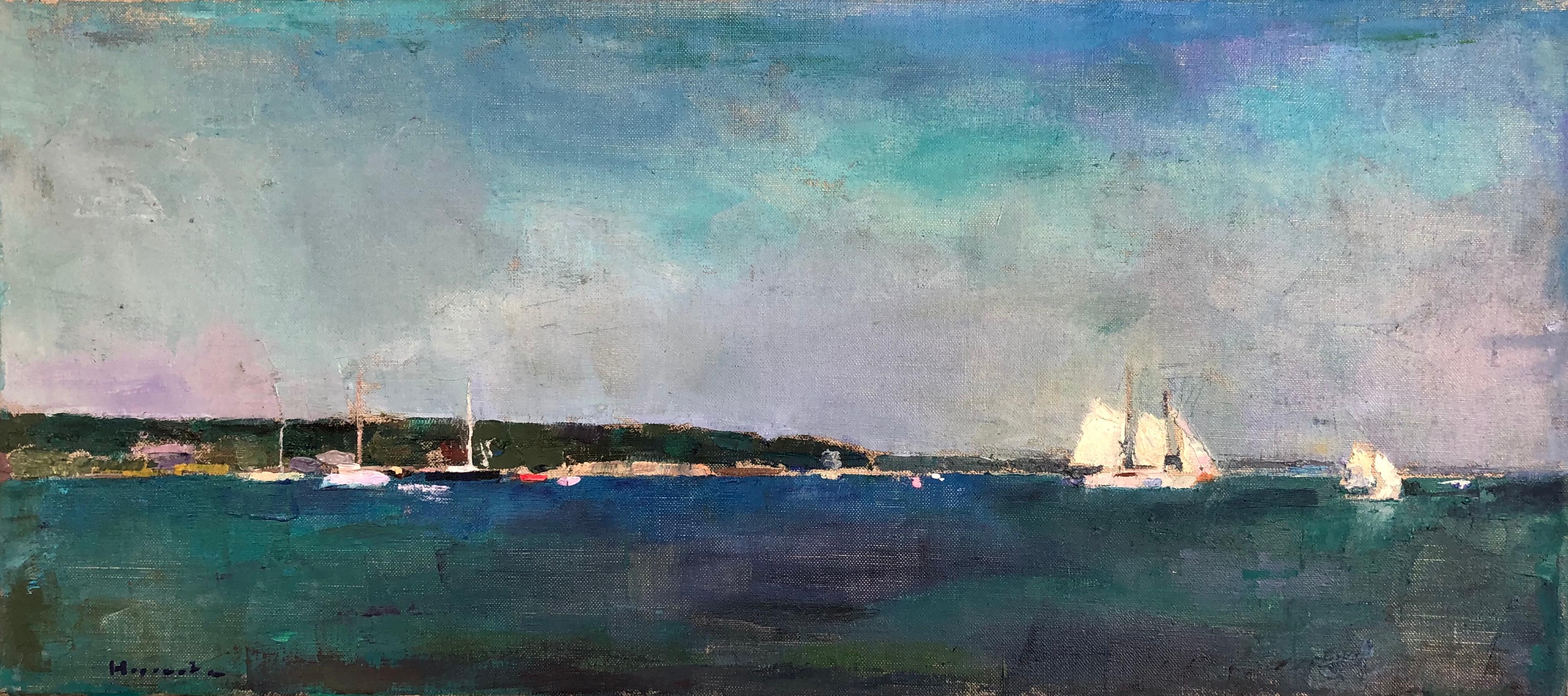 Larry Horowitz Figurative Painting - "Sailing Off Vineyard Haven" oil painting of sailboats in deep blue harbor