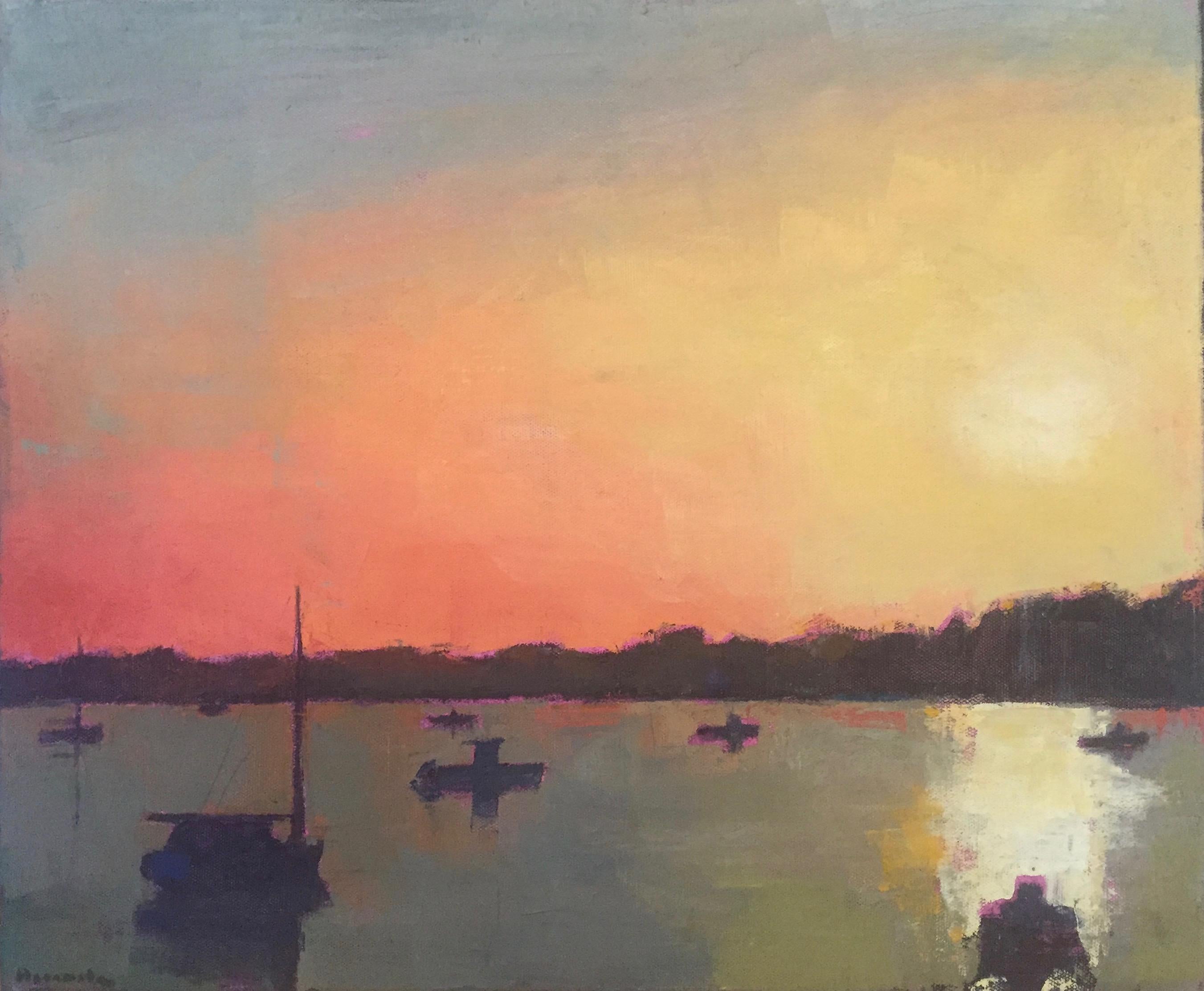 Shimmering Waters At Sunset Oil Painting Of Orange Yellow Sky Sailboats