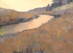 "Sienna Estuary" Painterly Landscape in Browns, Ochre Yellows and Muted Purple