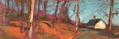 Peinture à l'huile de petite échelle « Spring House », une maison blanche dans les bois, couleurs d'automne