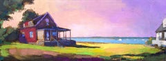 "St. Andrews Panorama" oil painting of red house on the water with purple sunset