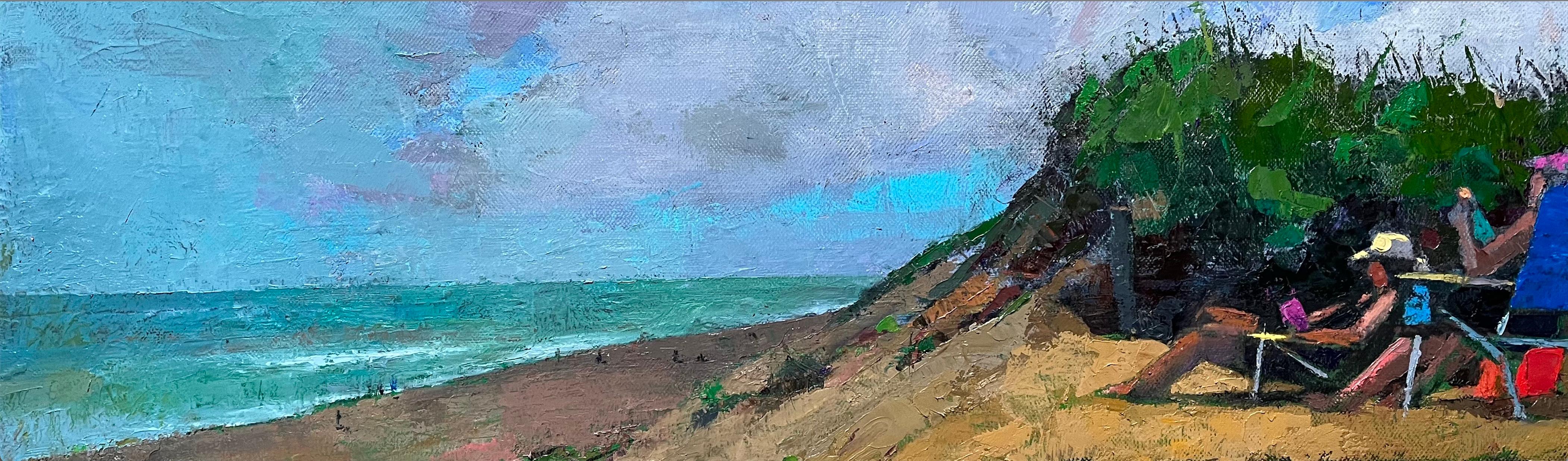 Larry Horowitz Landscape Painting - "Summer Reading" figures reading in folding chairs on a cliff above the beach