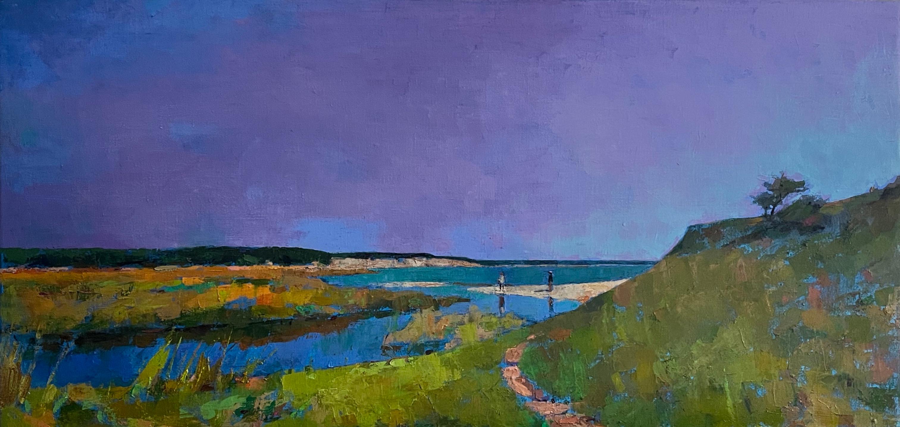 "Summer Sandbar" figures explore sandbar by the shore beneath an indigo sky