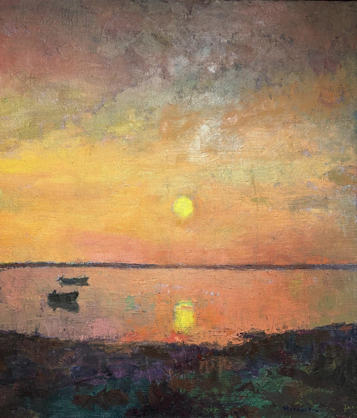 „Sunrise“ spiegelt das Wasser einen violetten Himmel wider, der von der Sonne erweckt wird, Boote in der Bucht, (Zeitgenössisch), Painting, von Larry Horowitz