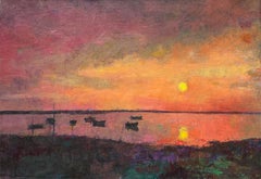 "Sunrise" the water reflects a purple sky awakened by the sun, boats at bay