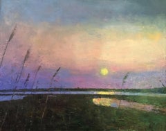 "Sunset Calm" oil painting of sun setting over water and marshes