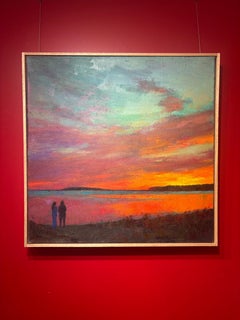 "Conversación al atardecer" siluetas disfrutan de una puesta de sol en la playa, el rojo se funde con el azul