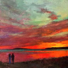 "Conversazione al tramonto" Silhouette che si godono il tramonto sulla spiaggia, il rosso si fonde con il blu