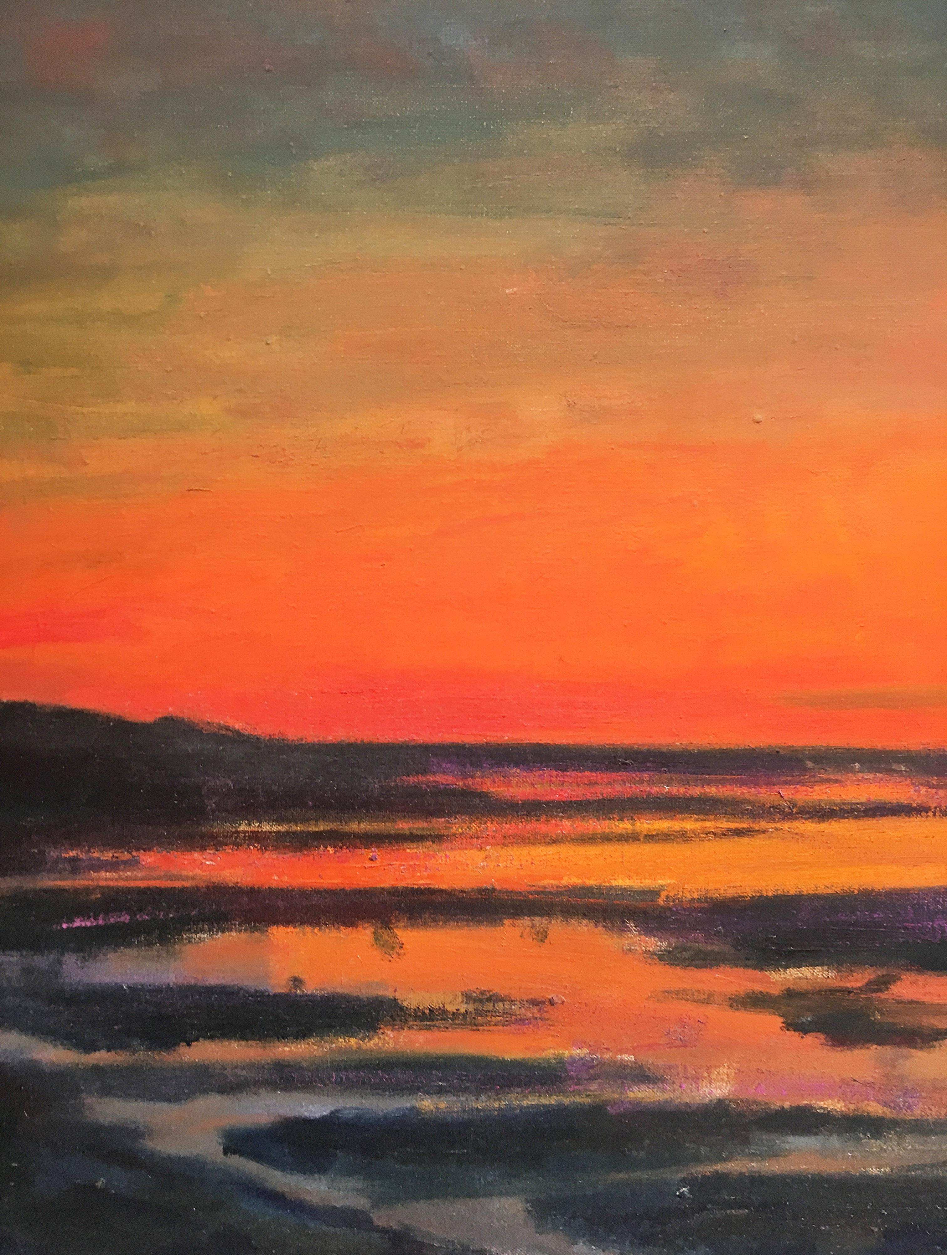 'Sunset Marsh' 1995 by Contemporary American impressionist landscape artist, Larry Horowitz. Oil on canvas, 36 x 52 in. This painting features an Impressionist landscape of sky and shore in rich colors of orange, blue, grey, and black.

Larry
