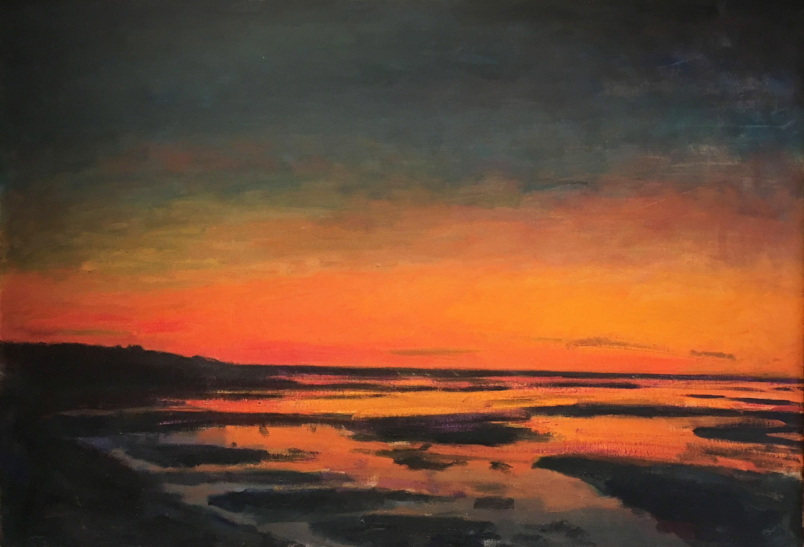 sunset Marsh" 1995 von dem zeitgenössischen amerikanischen impressionistischen Landschaftsmaler Larry Horowitz. Öl auf Leinwand, 36 x 52 cm. Dieses Gemälde zeigt eine impressionistische Landschaft mit Himmel und Küste in satten Farben von Orange,