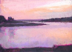 ''Sunset'' oil painting of beautiful landscape with purple sunset over the lake 