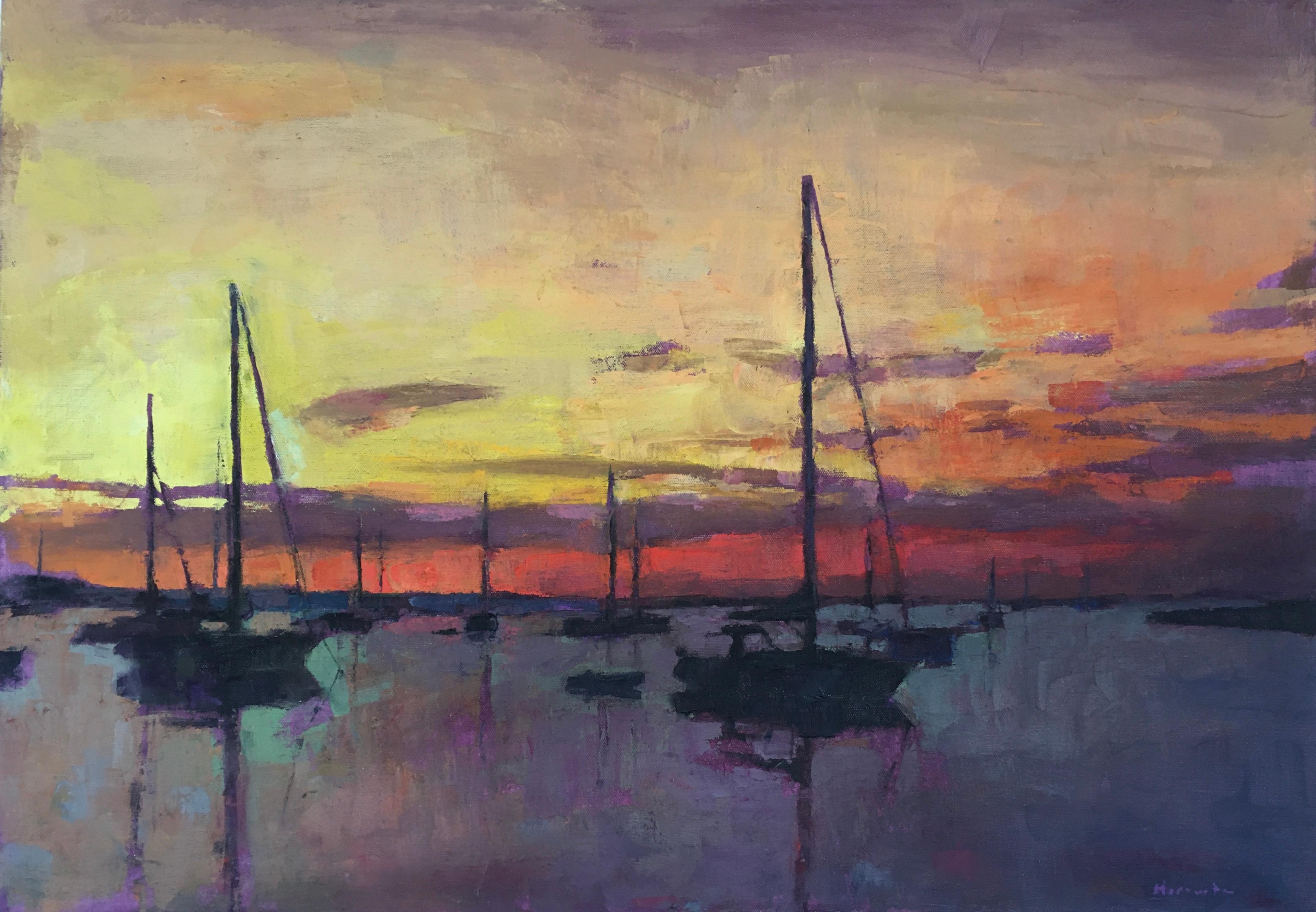 Landscape Painting de Larry Horowitz - "Atardecer" pintura al óleo de veleros en el agua con una puesta de sol naranja detrás