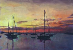 "Sunset" oil painting of sailboats on water with orange sunset behind