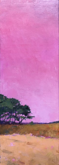 Peinture à l'huile verticale « Sunset Perfection » d'un arbre avec un ciel rose coloré