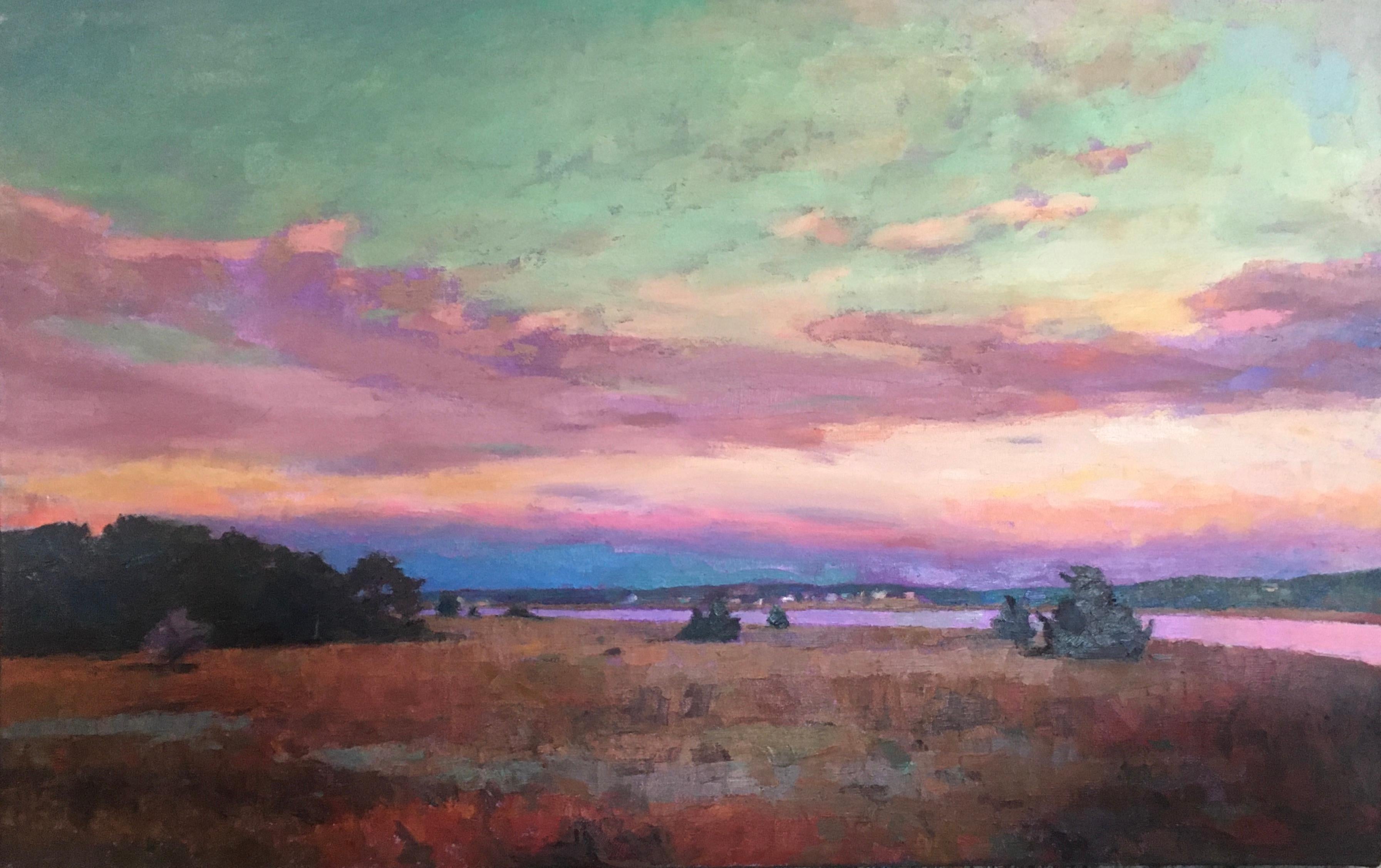 Landscape Painting di Larry Horowitz - "Cieli al tramonto": il cielo azzurro diventa caldo quando il sole tramonta sul lungomare.