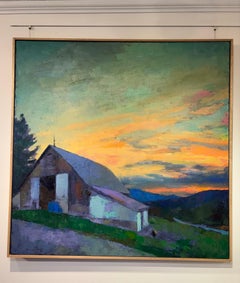 "Sunset Solitude" the sun warms the sky above a mountain home, trailside